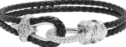 Black Leather Bracelet with Silver Rope Clasp