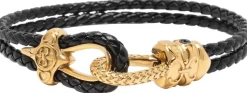 Black Leather Bracelet with Gold Rope Clasp