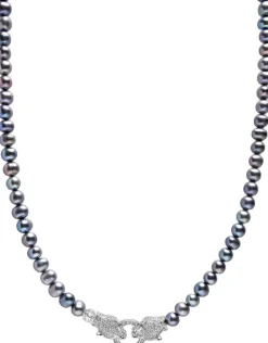Black Pearl Choker with Double Panther Head in Silver