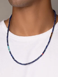 Blue Lapis Heishi Necklace with Tiger Eye and Turquoise