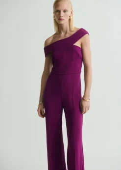 Long jumpsuit with asymmetrical nec