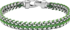 Men's Green Woven 8mm Box Chain Bracelet in Silver