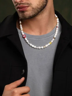 Men's Smiley Face Pearl Necklace with Assorted Beads