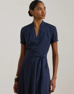 Polka-Dot Belted Crepe Dress