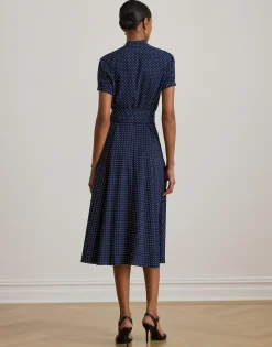Polka-Dot Belted Crepe Dress