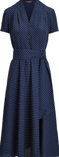 Polka-Dot Belted Crepe Dress