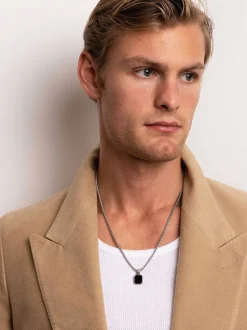 Silver Necklace with Square Matte Onyx Pendant