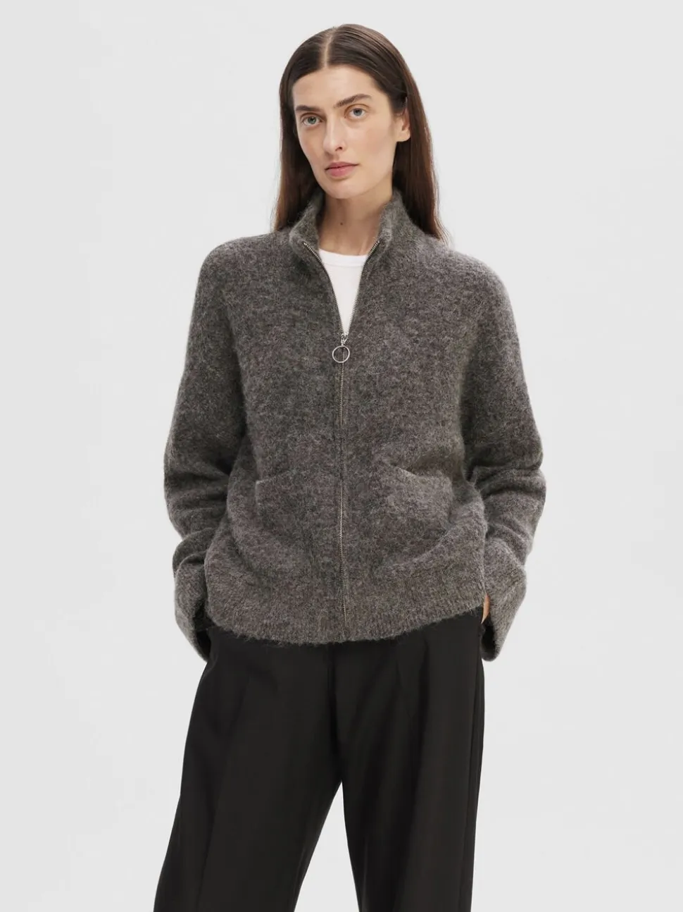 SLFSIA RAS LS ALPACA BLEND KNIT ZIPPER CARDIGAN
