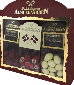 Tillykke-Gaveæske med flag bolcher, hindbær choko-mandeler og sne chok