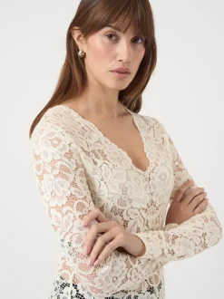 YASLACEY LS V-NECK LACE TOP S. NOOS